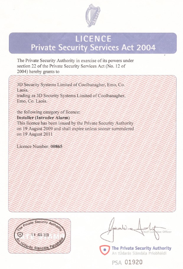 PSA licensed security installer Dublin Ireland